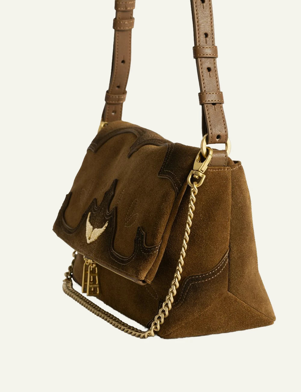 Zadig &amp; Voltaire women's cognac distressed suede western shoulder bag side view