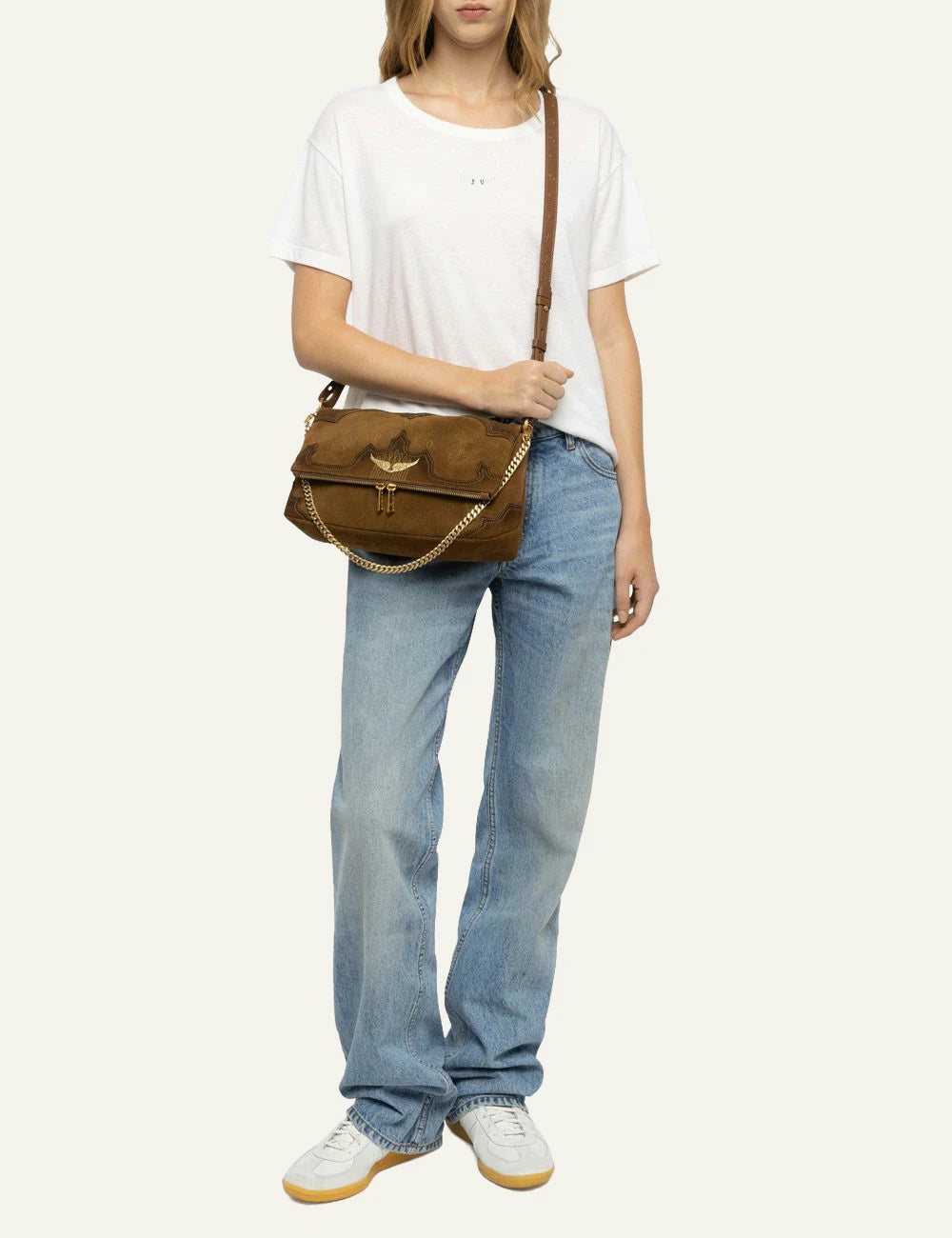 Zadig &amp; Voltaire women's cognac distressed suede western shoulder bag worn by model