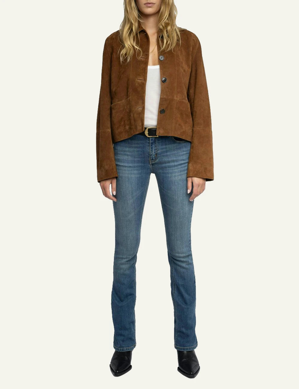 Zadig & Voltaire women's cognac suede cropped leather jacket  full look
