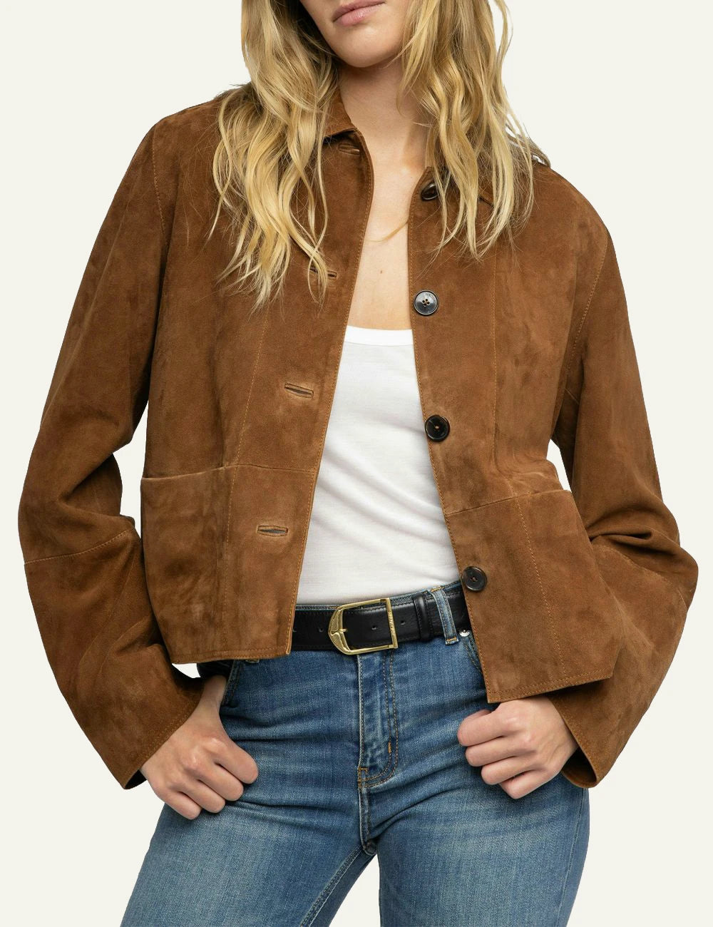 Zadig & Voltaire women's cognac suede cropped leather jacket  front view