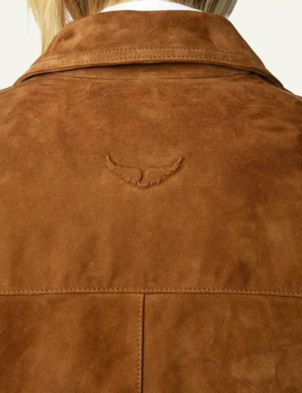 Zadig & Voltaire women's cognac suede cropped leather jacket  close up logo detail