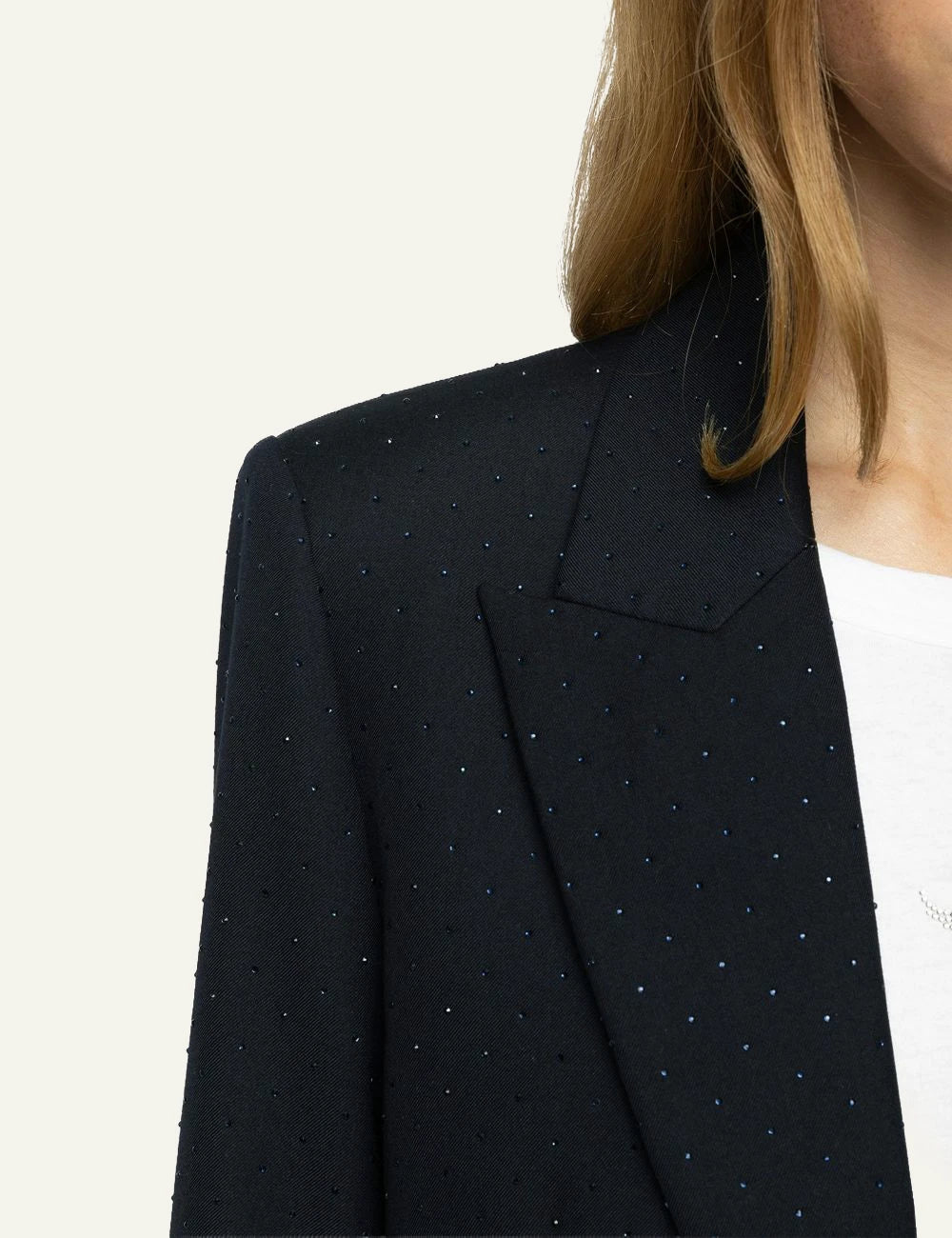 Zadig & Voltaire women's dark blue fitted blazer with rhinestones close up details