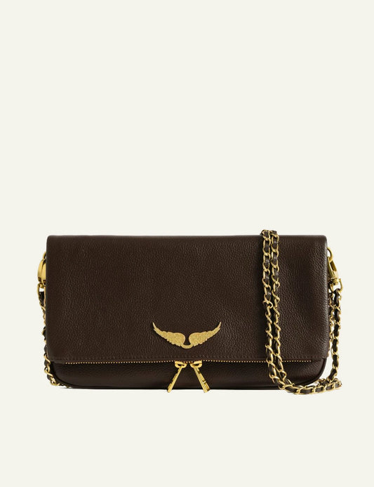 Zadig &amp; Voltaire women's dark brown grained leather Rock clutch front view