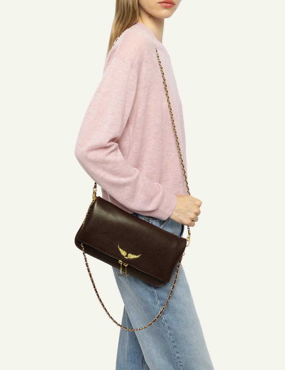 Zadig &amp; Voltaire women's dark brown grained leather Rock clutch worn by model