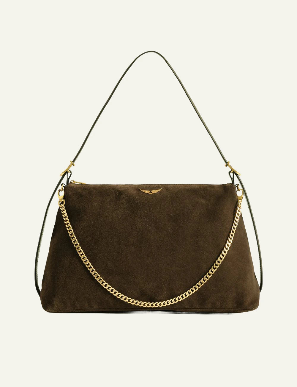 Zadig & Voltaire women's dark brown suede Jim bag with gold chain front view