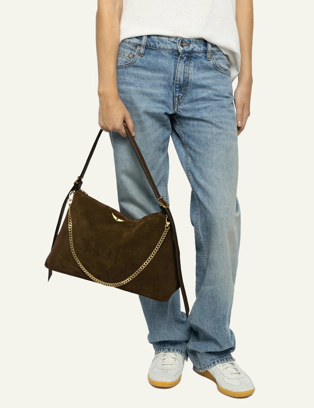 Zadig & Voltaire women's dark brown suede Jim bag with gold chain wor by model