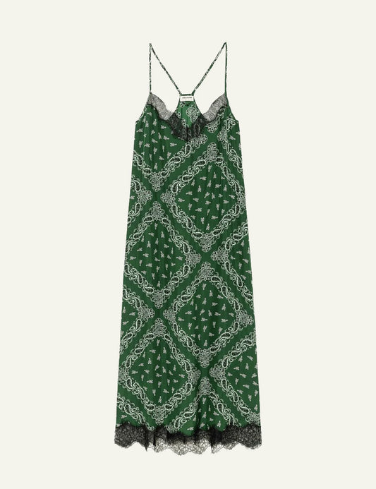 Zadig & Voltaire women's green bandana print silk maxi dress front view product shot