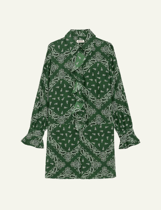 Zadig & Voltaire women's green bandana print silk mini shirt dress product shot