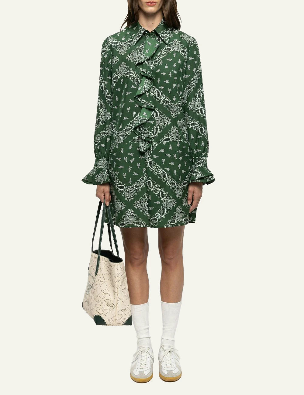 Zadig & Voltaire women's green bandana print silk mini shirt dress  front view full look