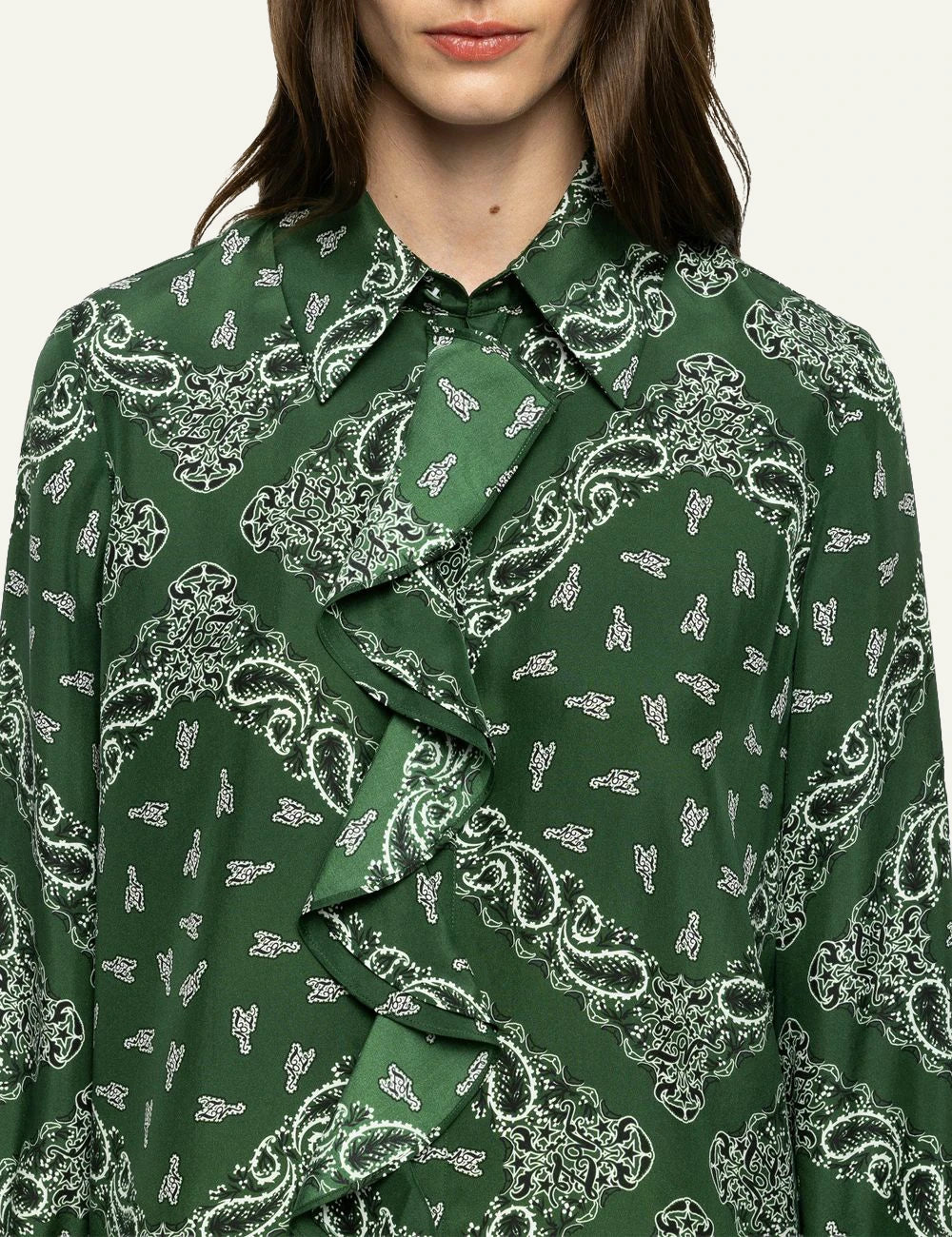 Zadig & Voltaire women's green bandana print silk mini shirt dress  close up view