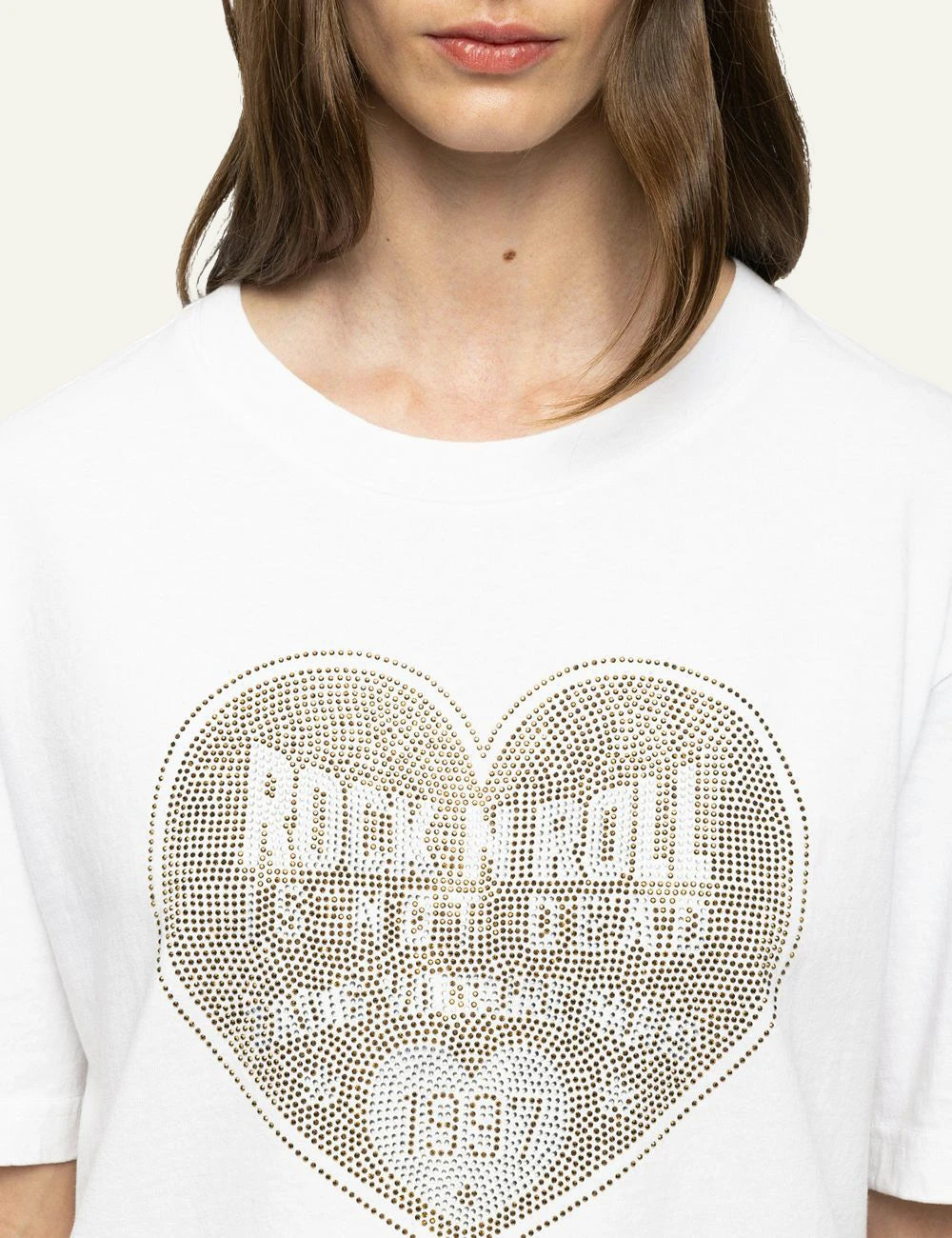 Zadig & Voltaire women's white cotton T-shirt with rhinestone heart close up details