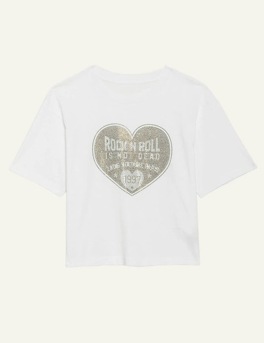 Zadig & Voltaire women's white cotton T-shirt with rhinestone heart front view product shot